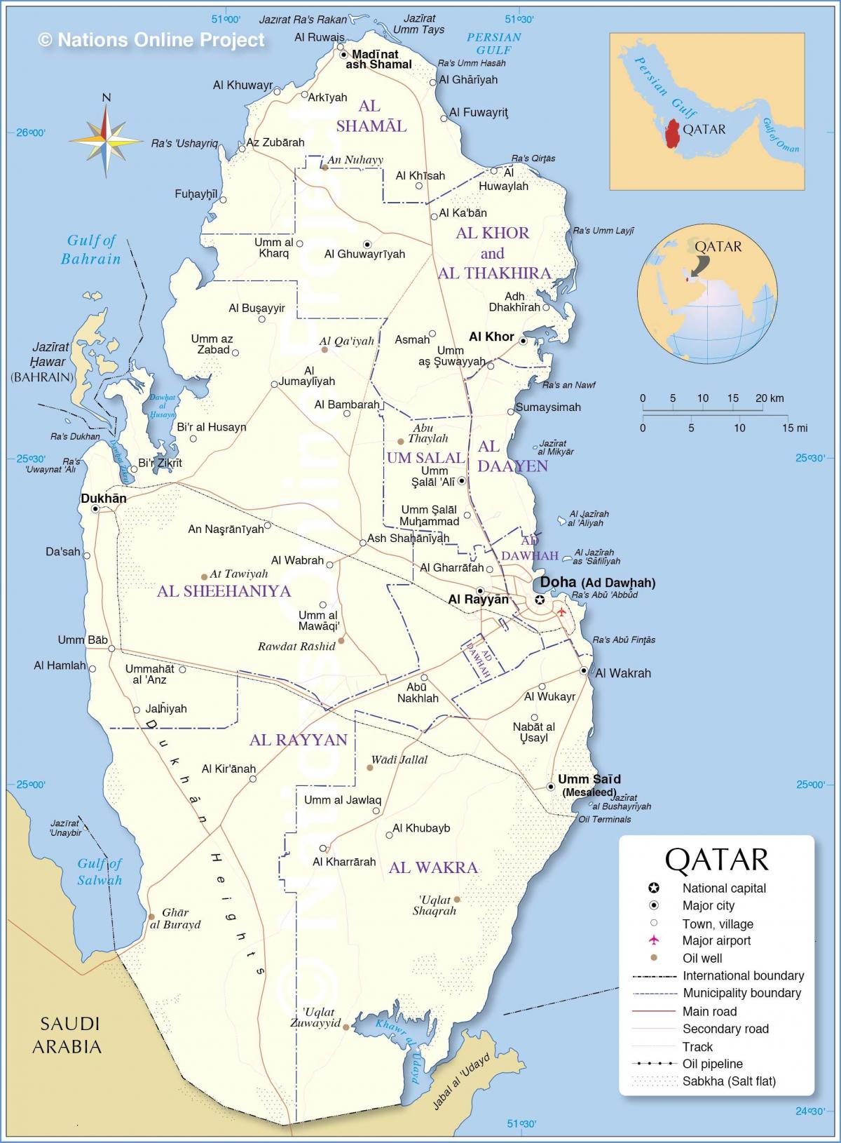 世界地図上のカタール位置